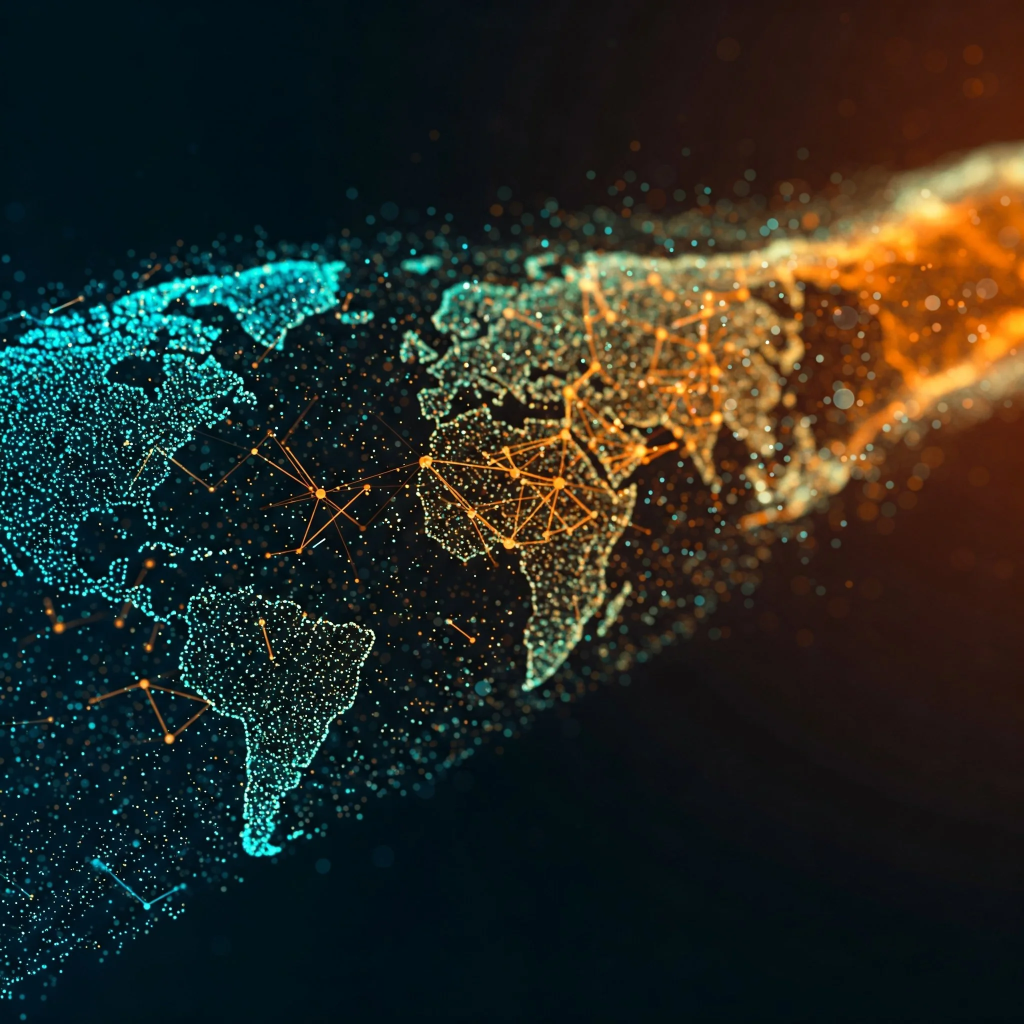 Digital globe of Earth with illuminated dots and lines, showing continents and connected network points, in blue and orange hues.