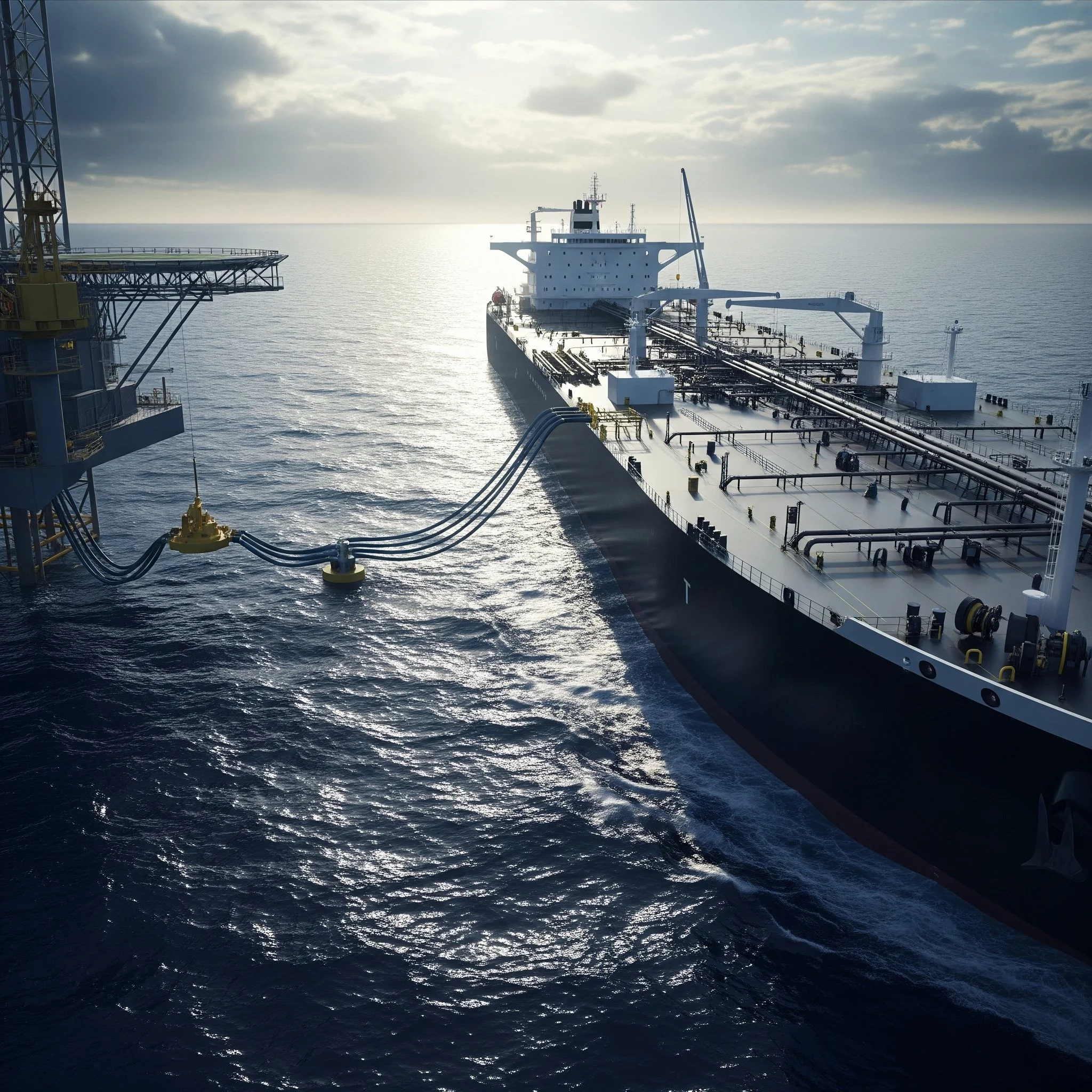 Oil tanker ship at sea with an offshore oil platform in the foreground, under a cloudy sky.