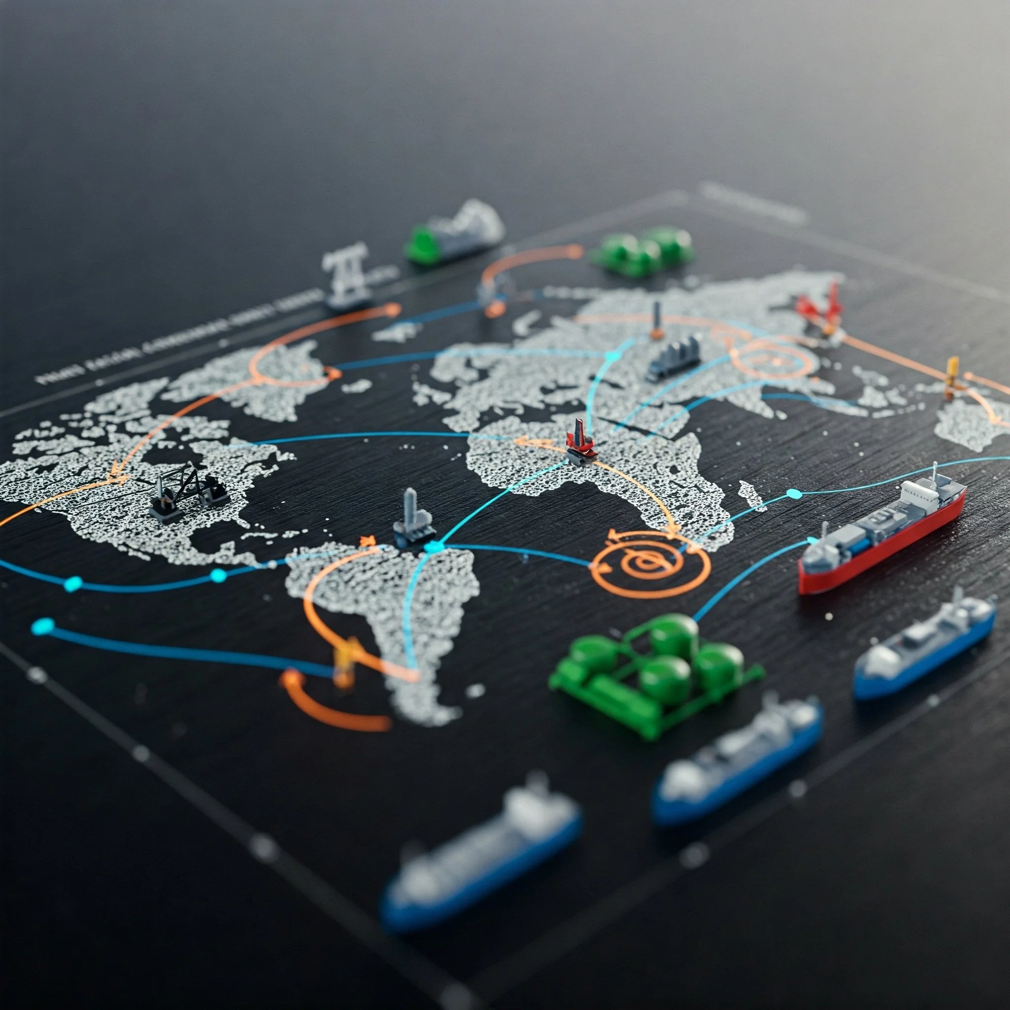 A world map board game with miniature ships, planes, and colored lines representing global routes, on a black surface.