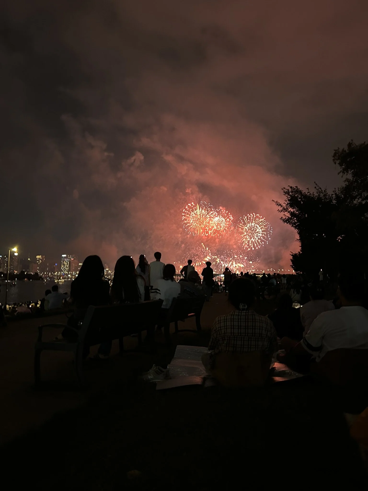 People sitting on benches and standing outdoors at night, watching fireworks display over city skyline with smoke in the sky.