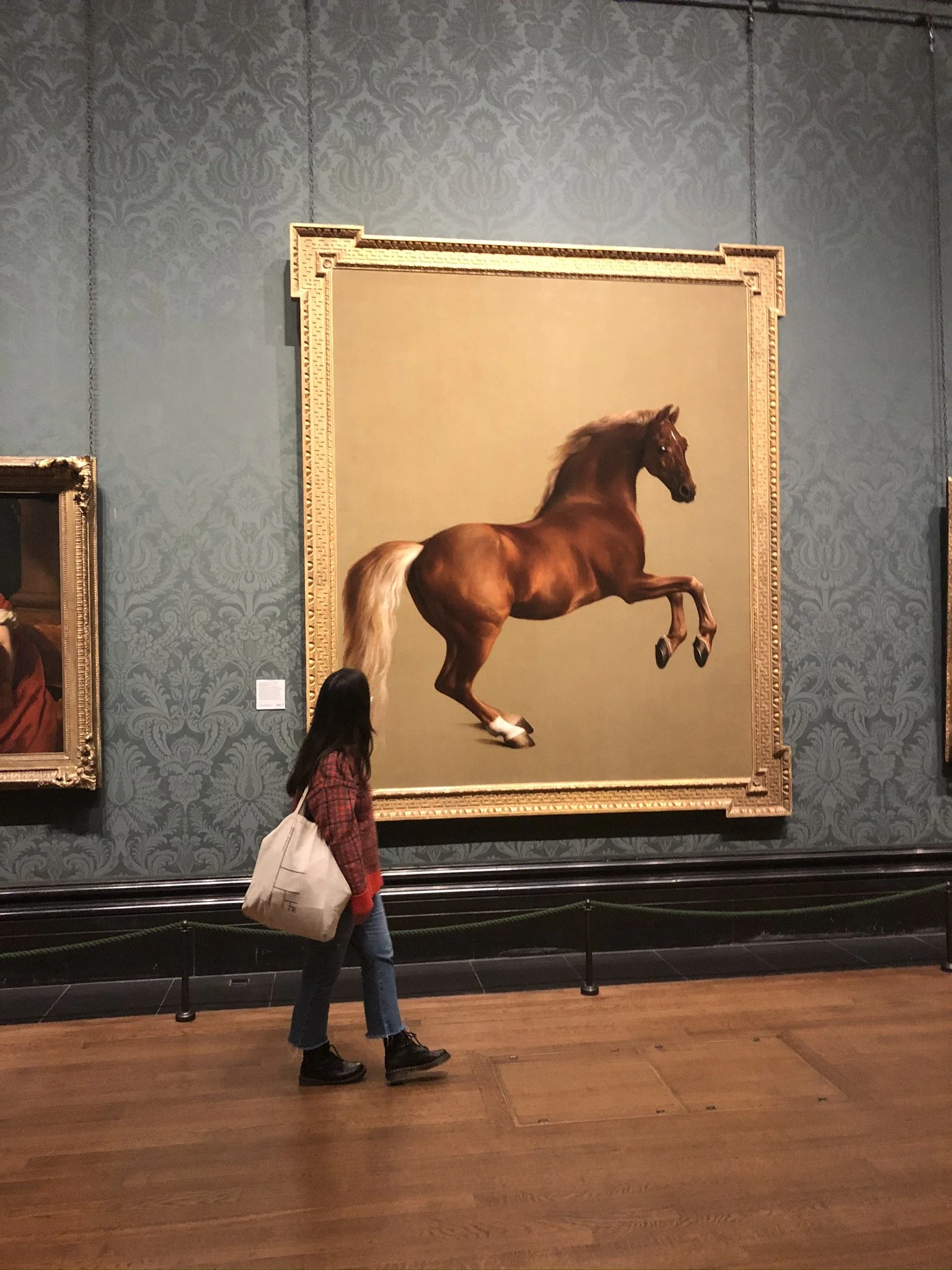 A woman with long dark hair, wearing a red plaid jacket and blue jeans, stands in front of a large painting of a rearing brown horse inside a museum.