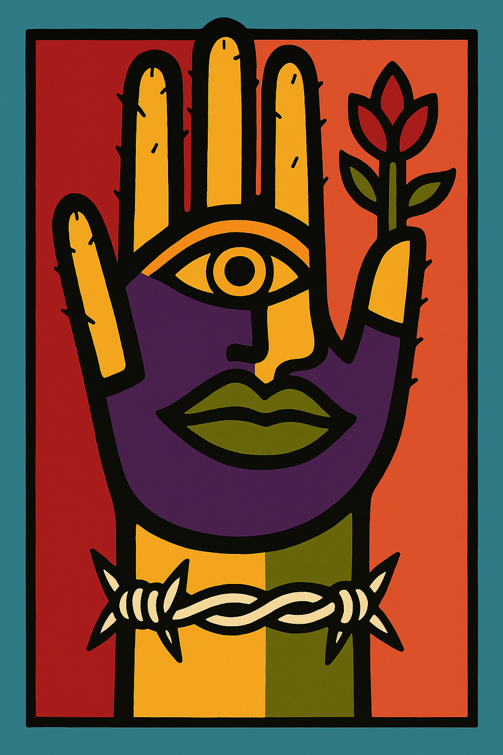 La Mano Que Ve / The Hand That Sees
A raised hand with a single eye and solemn features, caught between cactus spines and barbed wire. This piece speaks of watchfulness—of bearing witness even under pressure. The eye does not blink.