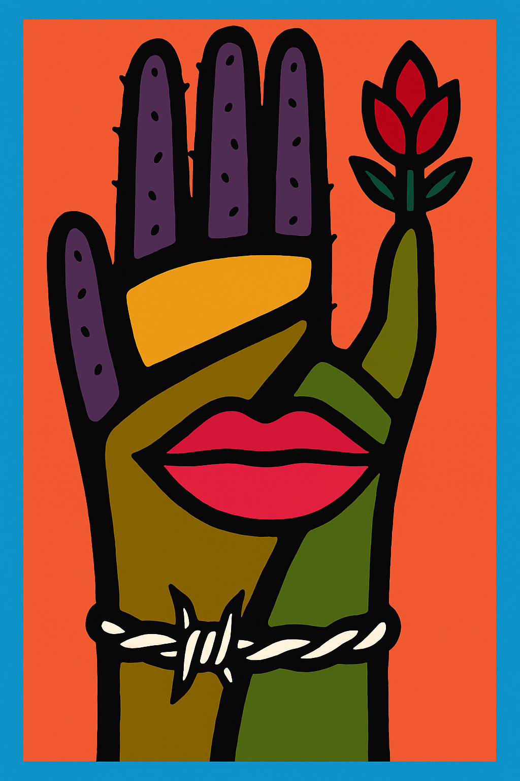 Lengua Viva / Living Tongue
A bold red mouth framed by the thorns of history. This hand does not strike—it speaks. This piece celebrates voice as survival, a tribute to culture, protest, and identity carried in language.