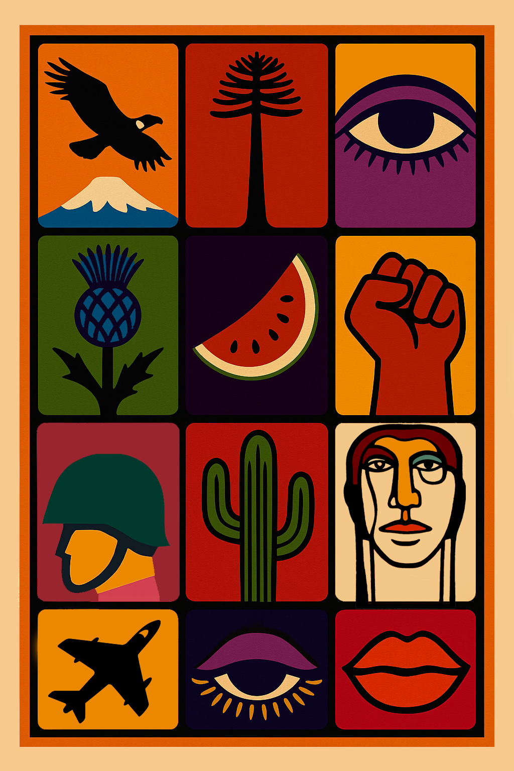 A colorful, stylized collage featuring various icons: a bird flying over a mountain, a tall tree, an eye with purple eyelids, a pineapple, a watermelon slice, a raised fist, a soldier's helmet, a cactus, a woman's face, an airplane, an eye with purpl