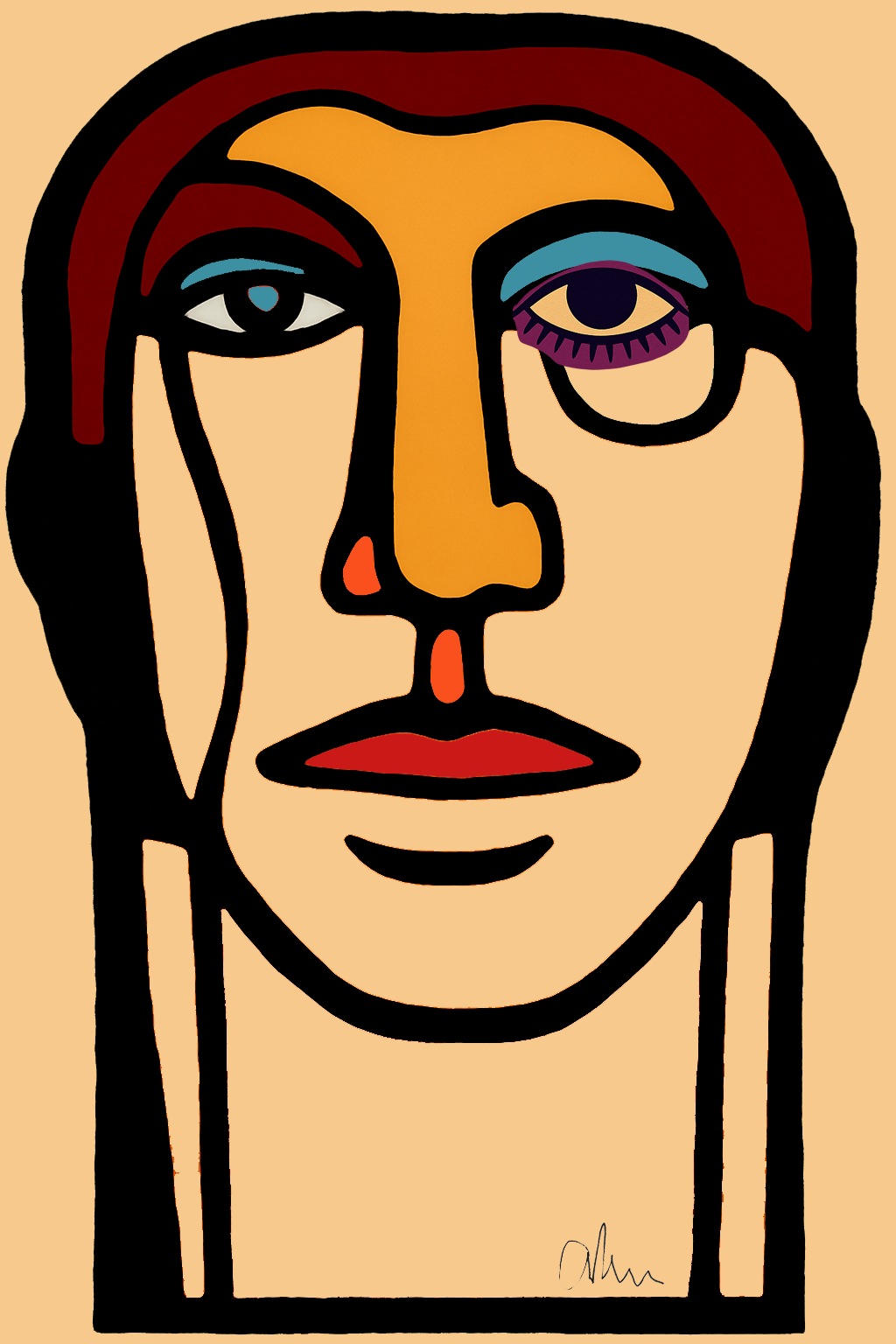 Abstract digital illustration of a woman’s face in a Cubist style with bold black outlines, warm skin tones, and colorful eye makeup. One eye is blue, the other purple with dramatic eyelashes.