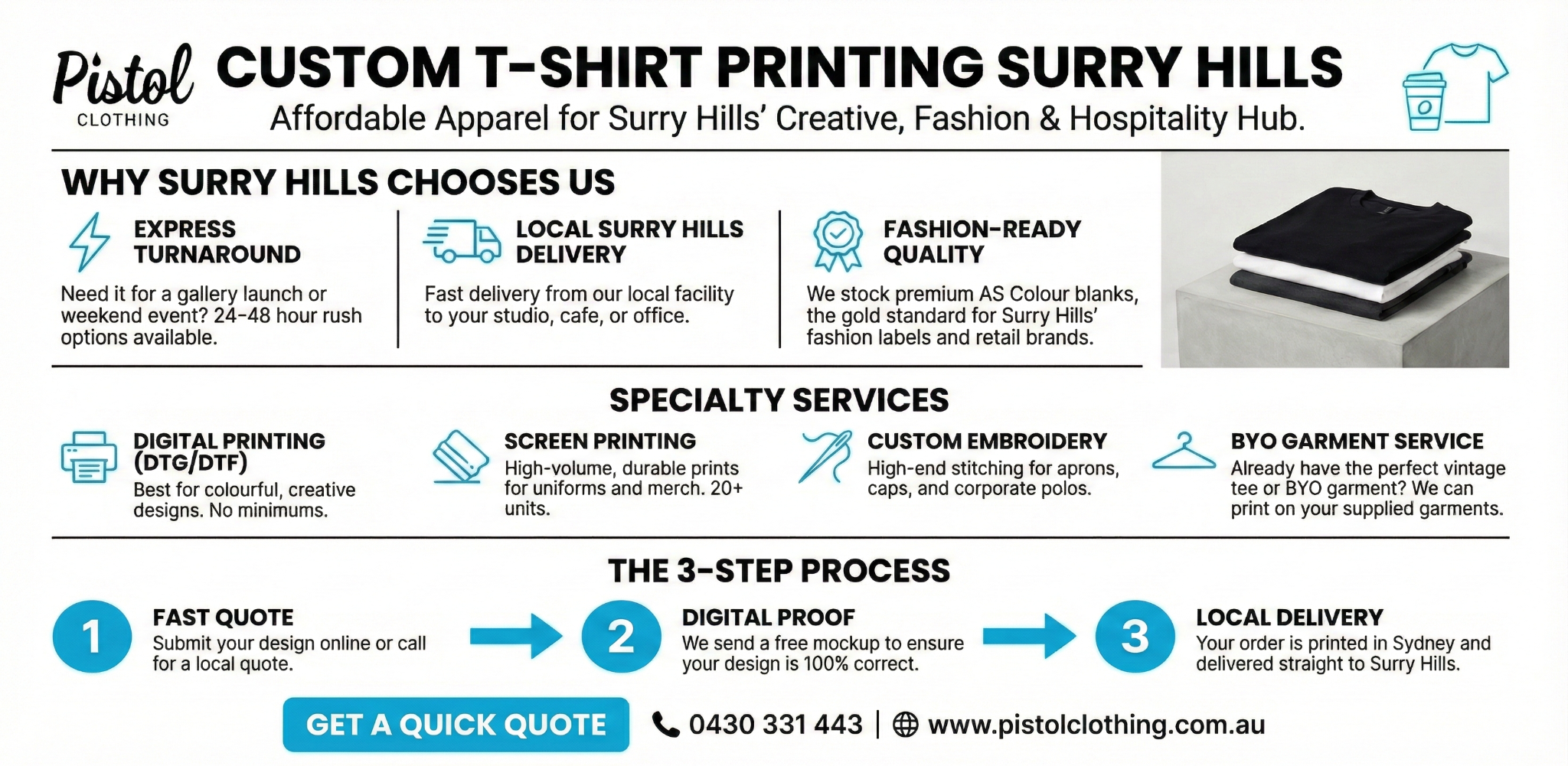 Custom t shirt printing in Surry Hills by Pistol Clothing with fast local turnaround