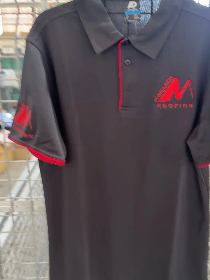 Custom stitched Aussie pacific polos for @monarchroofingau ✨ #workuniforms #sydneyembroidery #aussiepacific