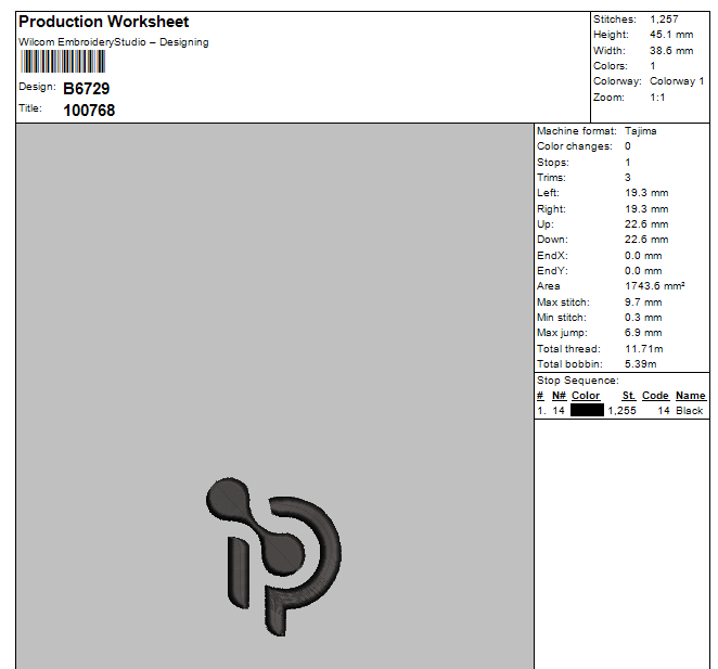 Embroidery production worksheet with a logo featuring a stylized 'i' and 'd' stitched in black on a gray background.