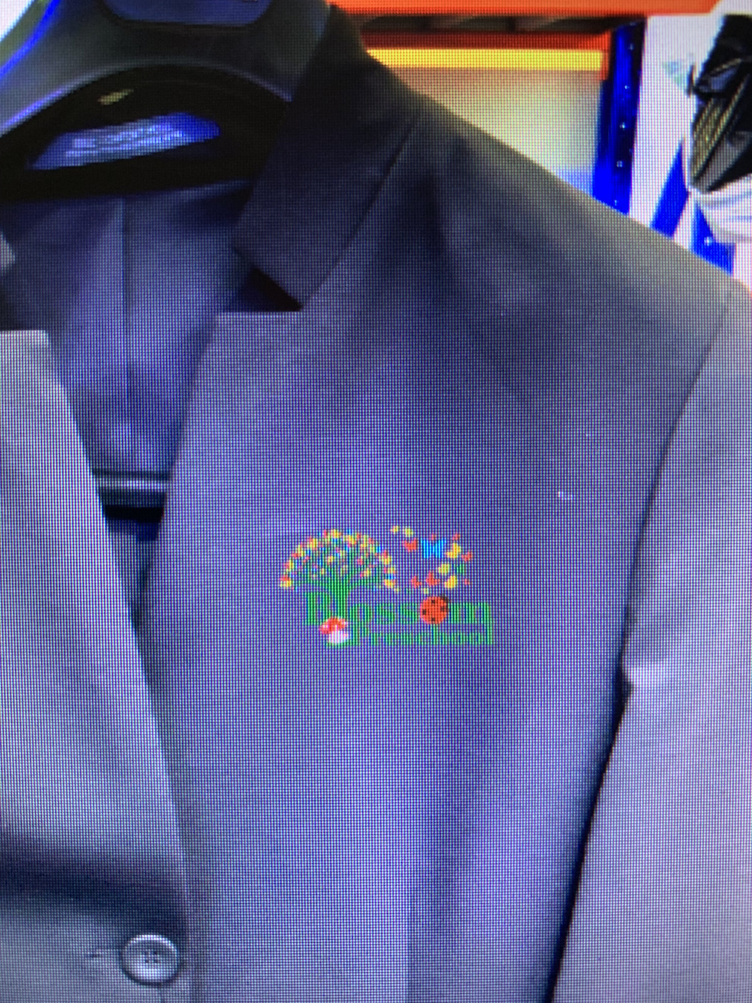 A person wearing a gray blazer with an embroidered logo of a colorful tree and the word 'Hope' on it.