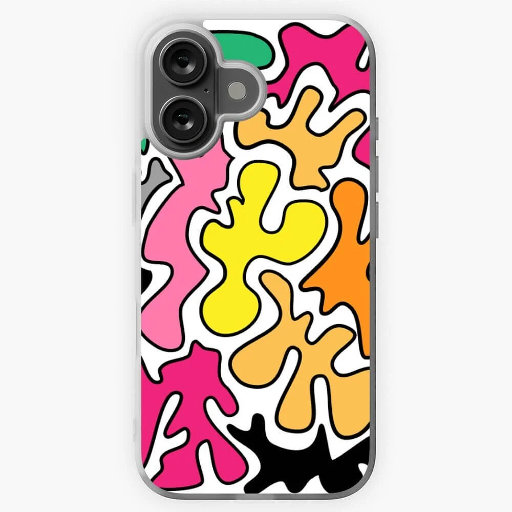 A smartphone case with a colorful, abstract, amoeba-like pattern in pink, yellow, orange, green, black, and white.