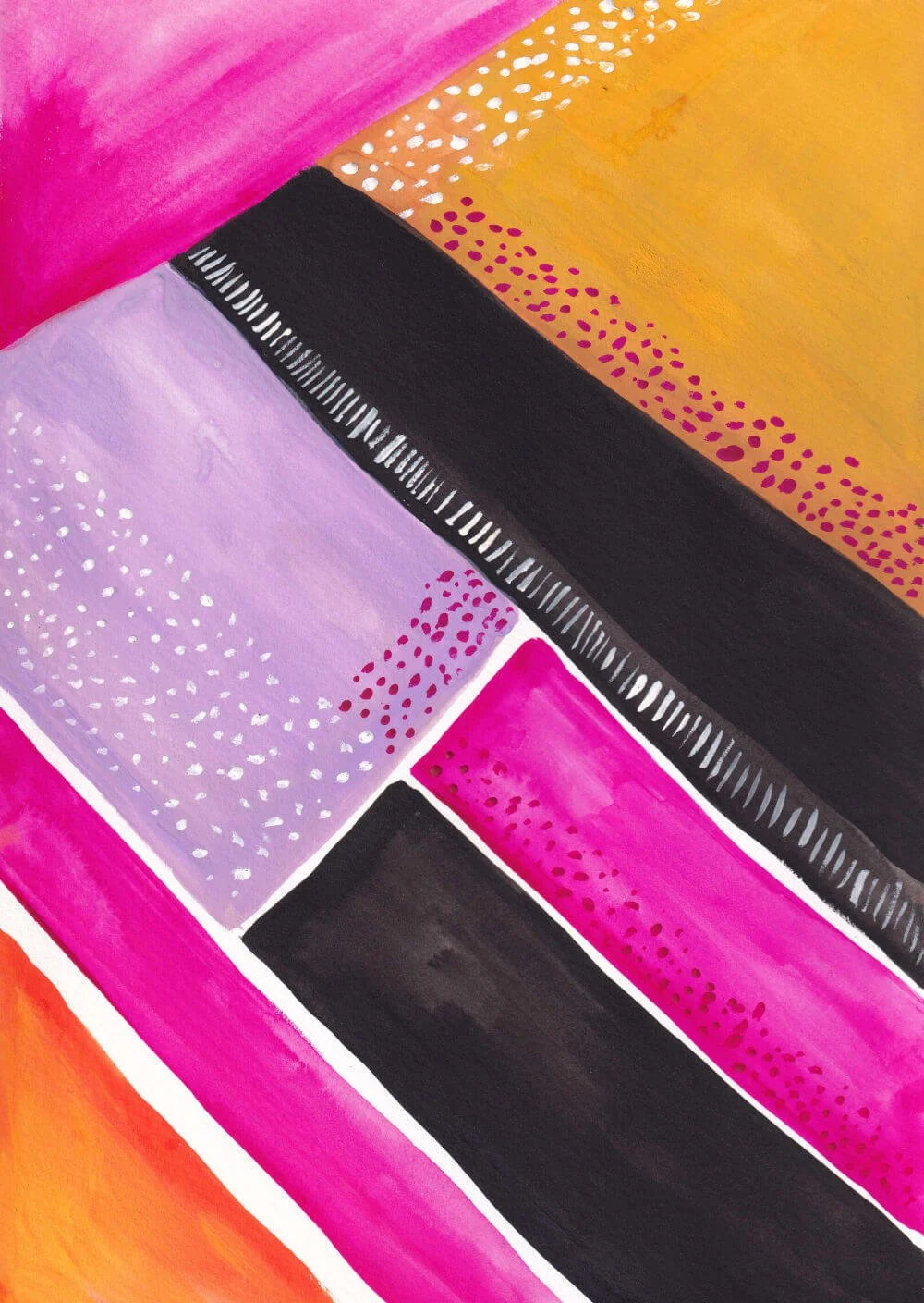 Abstract painting with bold blocks of pink, purple, black, yellow, and orange, accented by white and maroon dotted patterns.