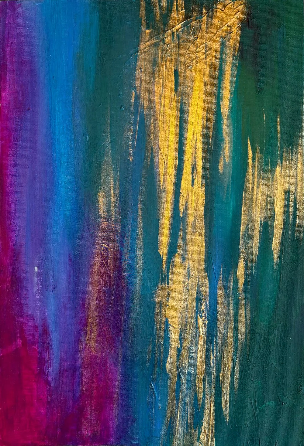 Abstract painting with vibrant vertical streaks of purple, blue, and teal on the left, transitioning to gold, yellow, and green on the right.