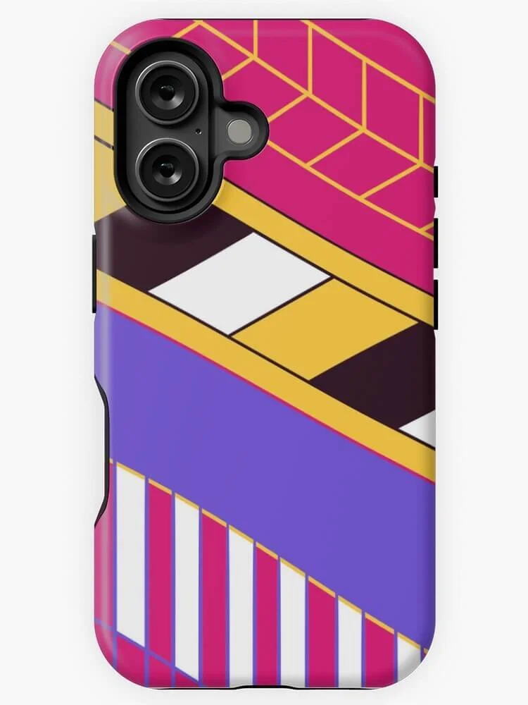Colorful phone case with geometric patterns in pink, yellow, black, purple, and white.