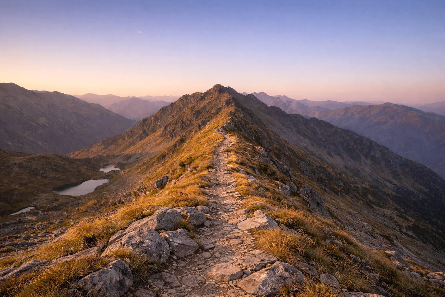 Ein schmaler, felsiger Bergweg in den Bergen bei Sonnenaufgang oder Sonnenuntergang mit Panoramaansicht auf umliegende Gipfel und Seen im Hintergrund. Der Nordstern wird sichtbar.