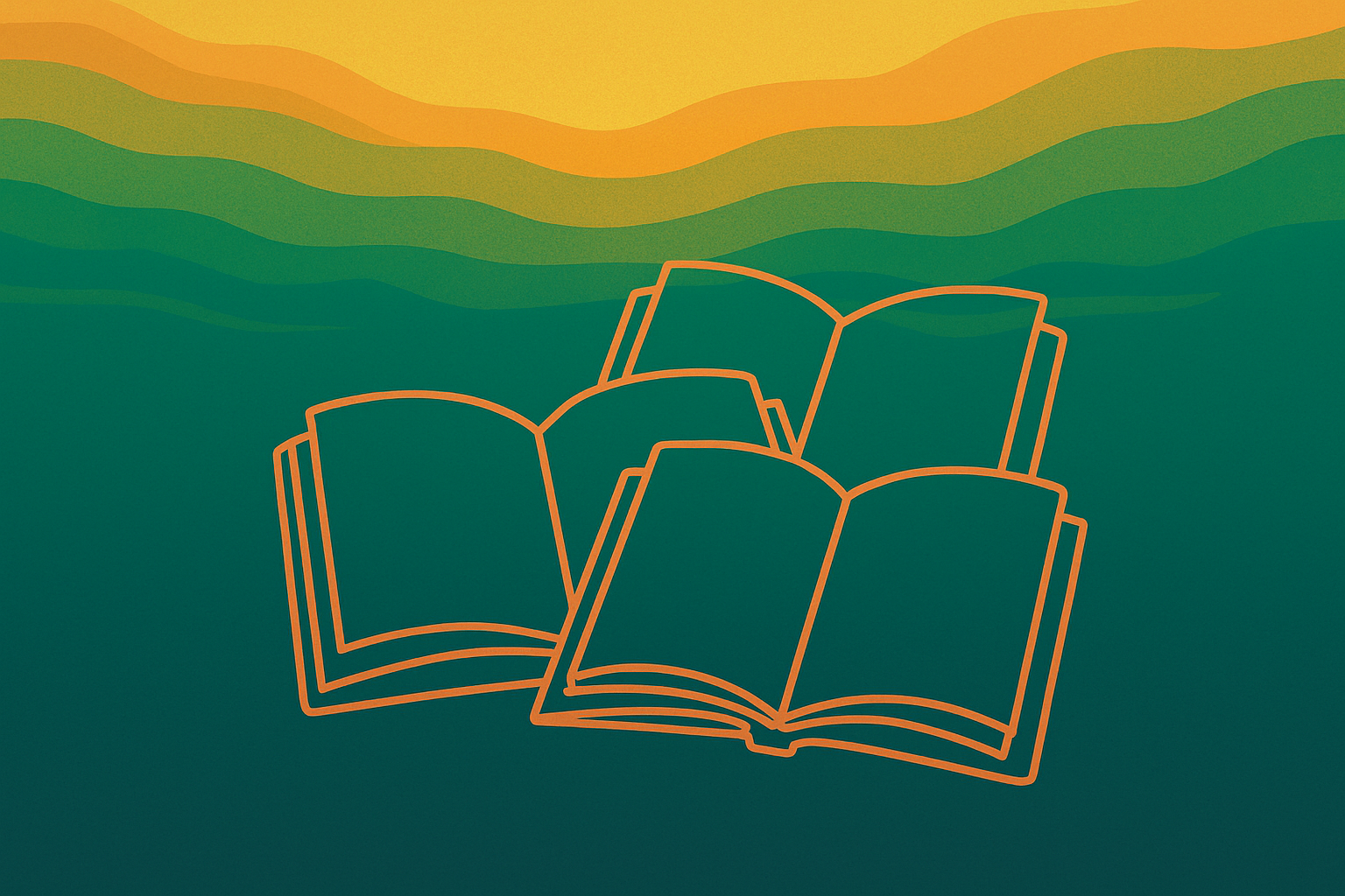 Stylized illustration of open books with a background of colorful, layered, wavy lines resembling a sunset or sunrise.