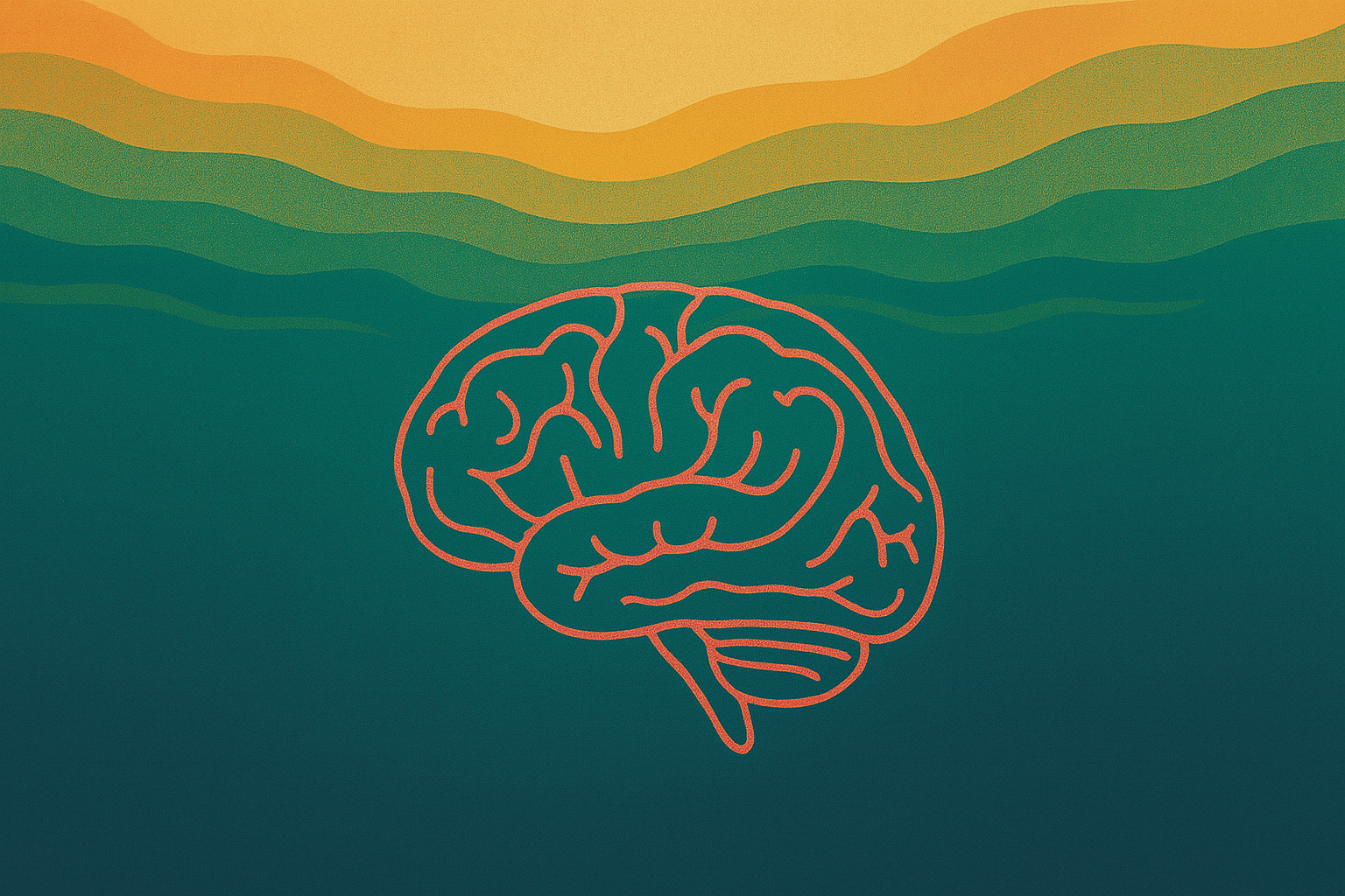 A stylized outline of a human brain in red, set against a gradient background with wavy layers in shades of yellow, green, and teal.