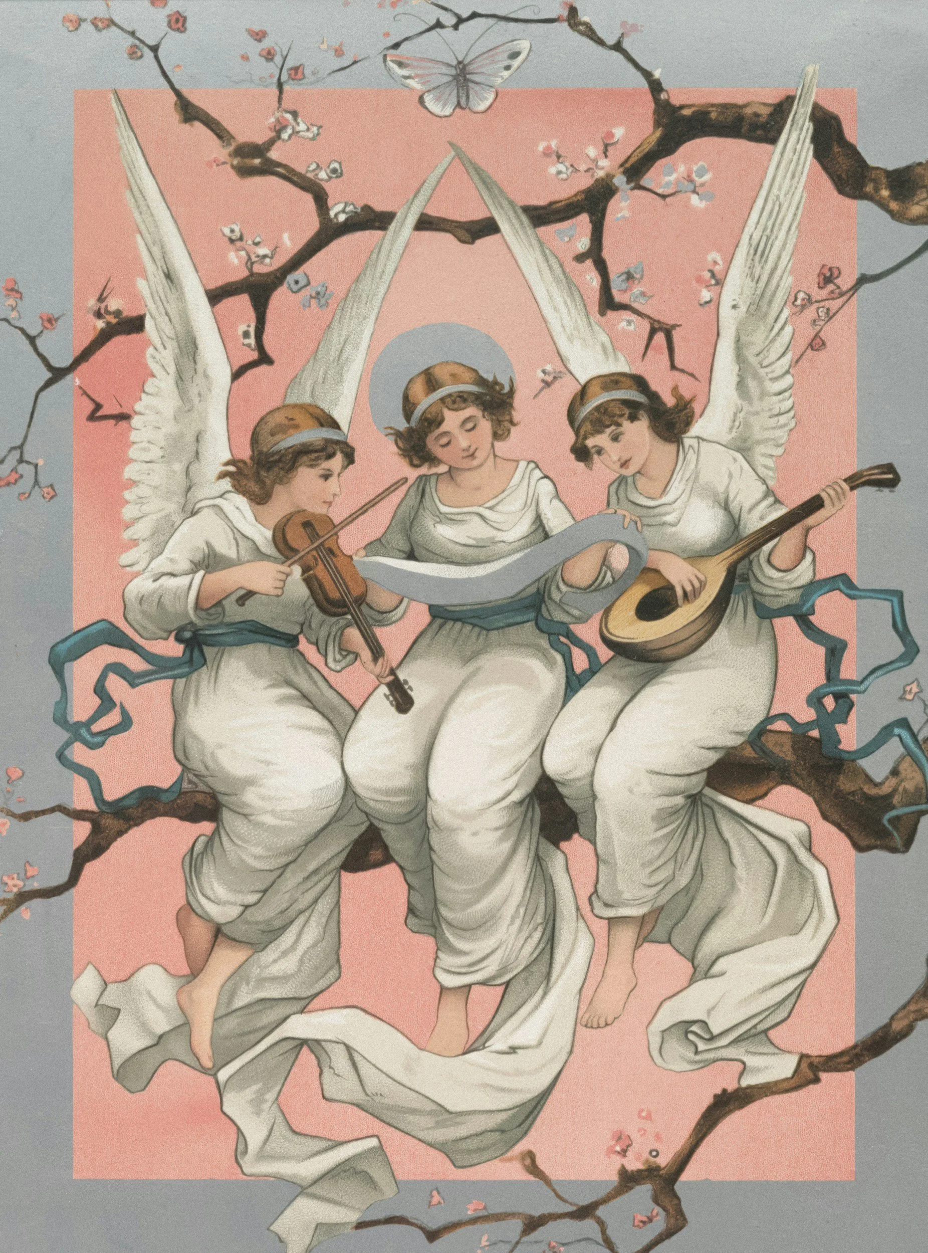 A painting of three musical angels in a tree, symbolising the harmonious, soothing, and celestial atmosphere experienced during a remote Tides of Spirit healing session.