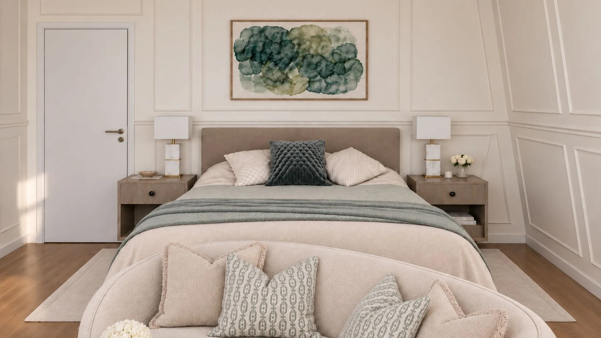 KI-Visualisierung eines eleganten Schlafzimmers mit Bett, geschwungenem Sofa und rundem Couchtisch in Elfenbein, Salbeigrün und warmen Naturtönen.