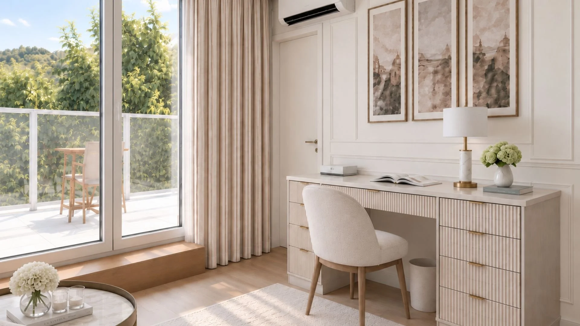 KI-Visualisierung des Homeoffice-Bereichs im Schlafzimmer mit geriffeltem Schreibtisch, bodenlangen Vorhängen und Blick auf die begrünte Terrasse.