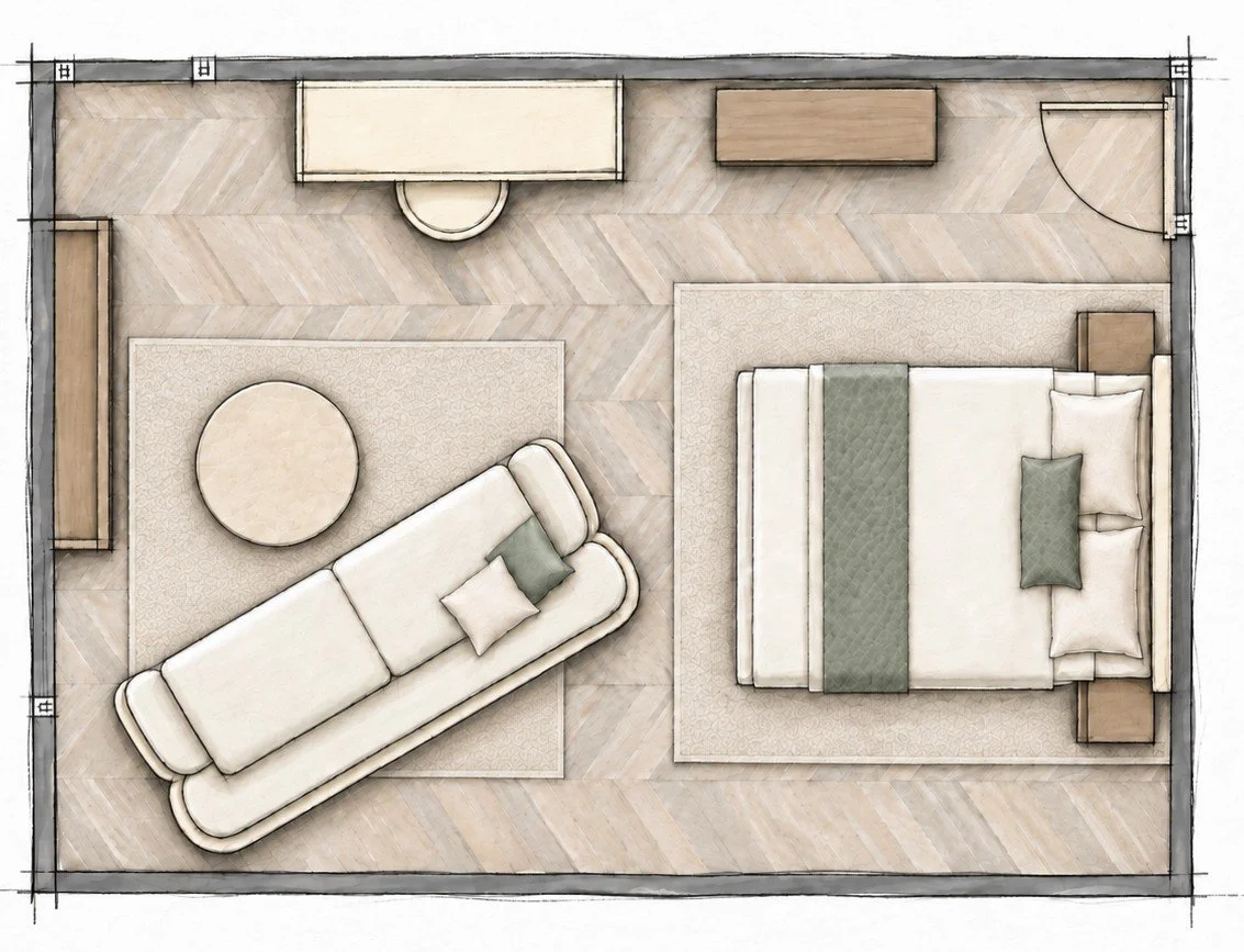 Schematischer Schlafzimmergrundriss mit Bett, Nachttischen, Schreibtisch, Regal und diagonal angeordnetem Sofa mit rundem Couchtisch.