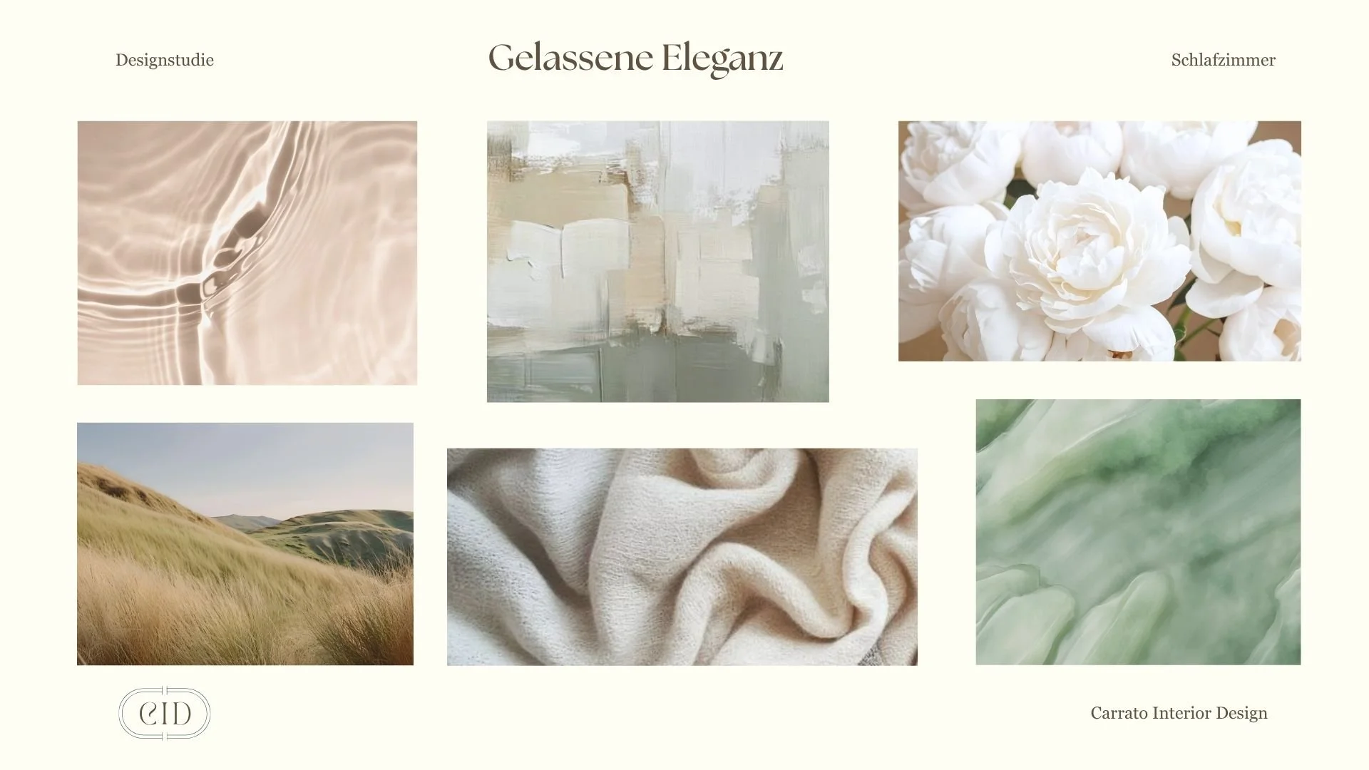 Inspirationsboard für ein klassisch-elegantes Schlafzimmer in Creme, Beige und Salbeigrün.