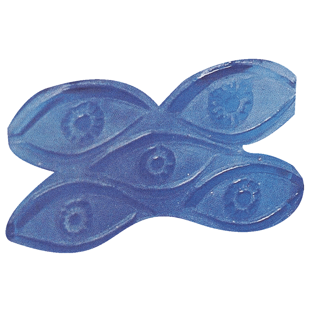 A blue gel ice pack with multiple eye-shaped impressions on a green background.
