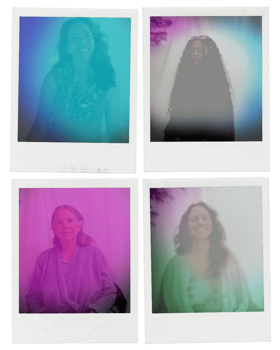 Four Polaroid-style photographs of diverse women with colorful overlays, depicting different ages and ethnicities, arranged in a 2x2 grid.