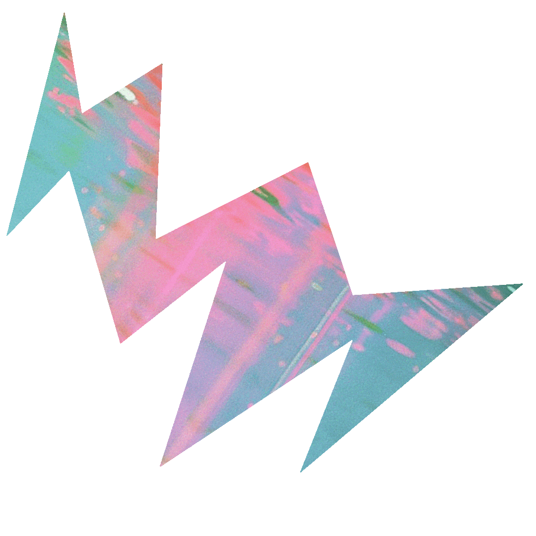 A distorted image of a lightning bolt shape with a pink and blue color pattern, against a bright green background.