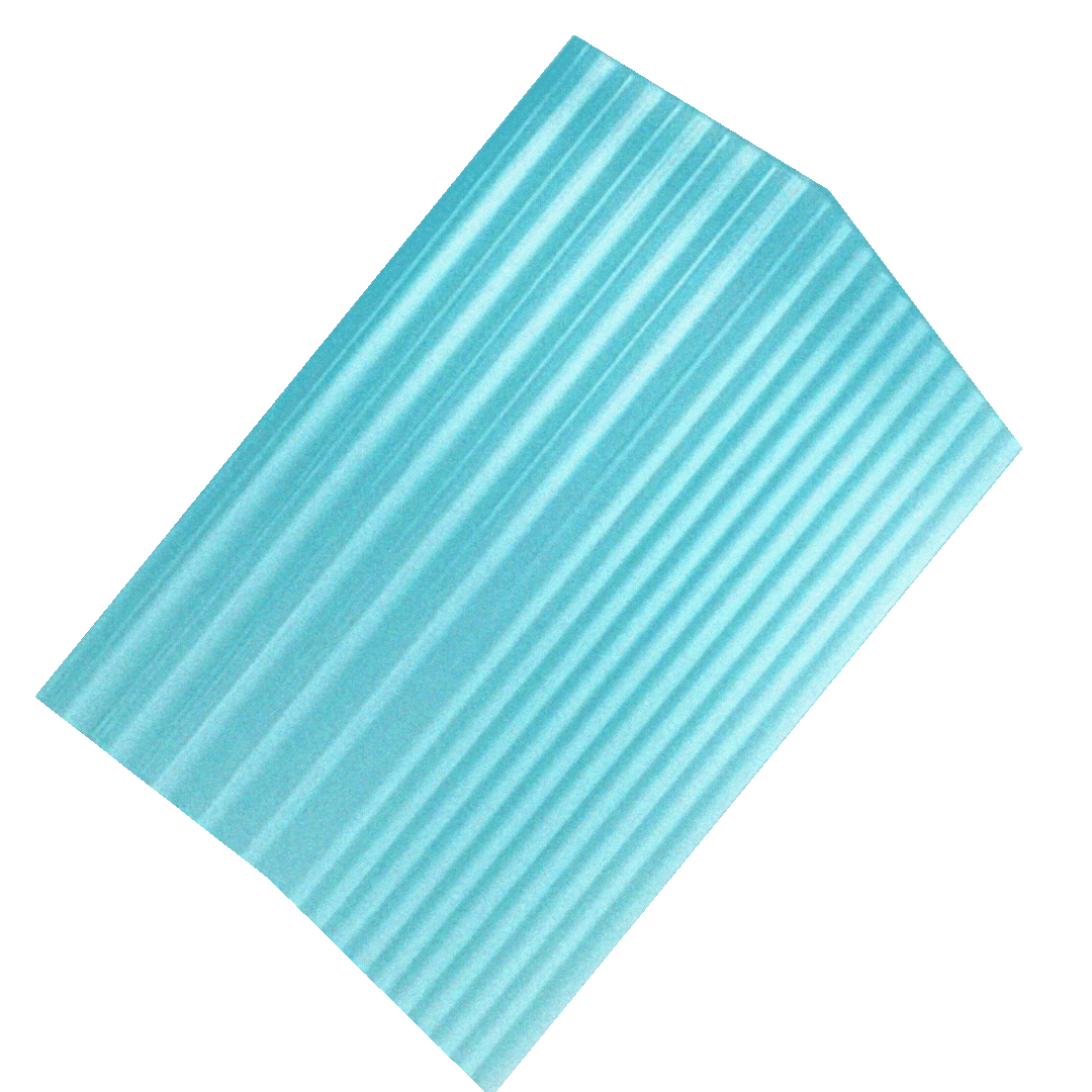 A light blue corrugated plastic sheet, shown against a bright green background.