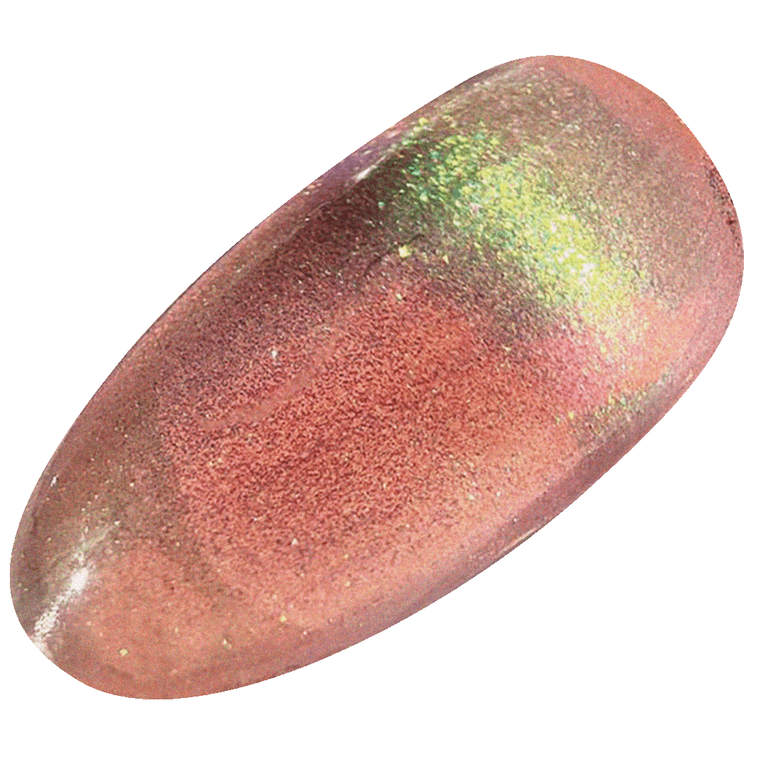 A pharmaceutical capsule with a pink and green speckled exterior.