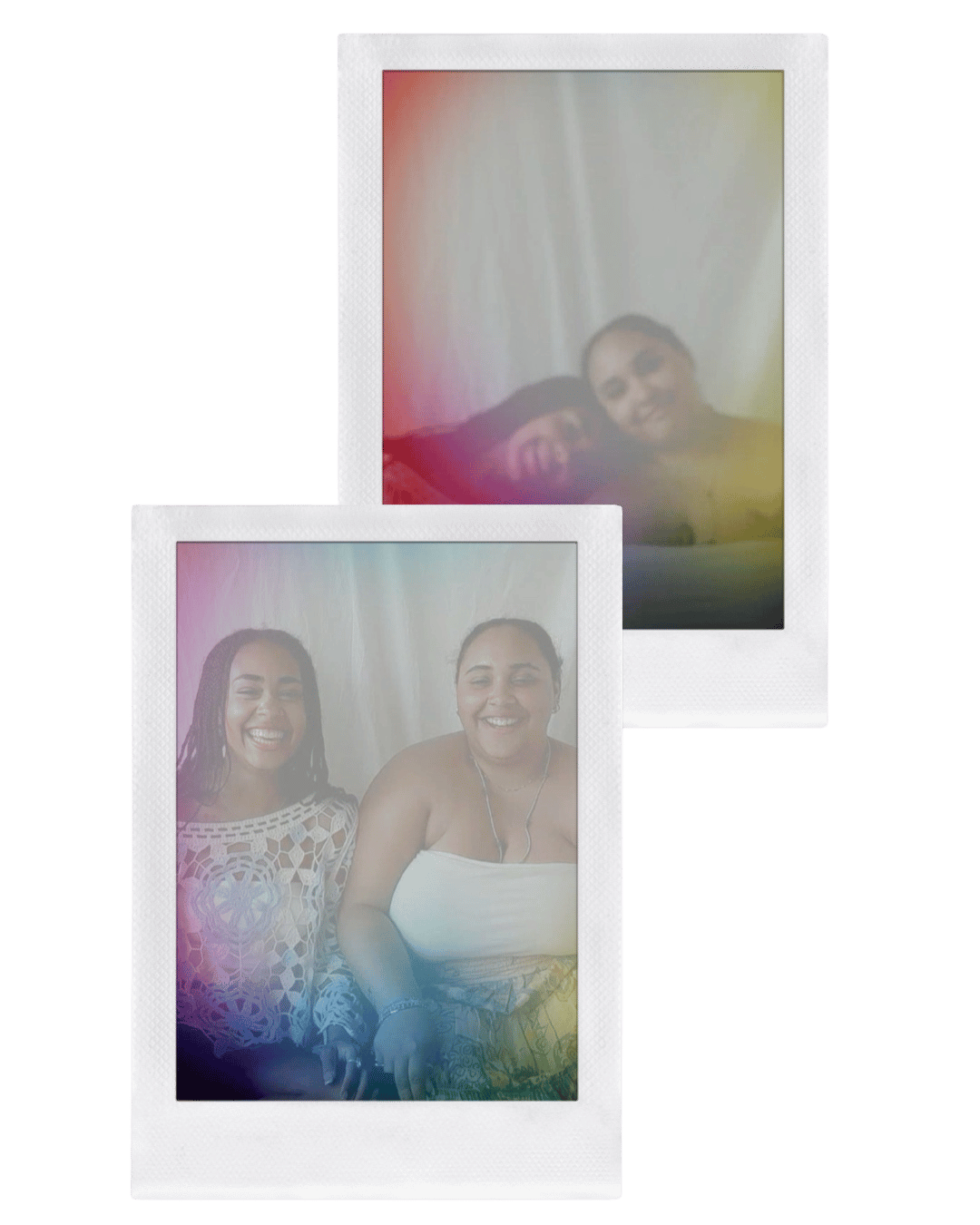 Two Polaroid photos of smiling women, one with braids and a crochet top, the other with dark hair and a strapless dress, sitting together inside.