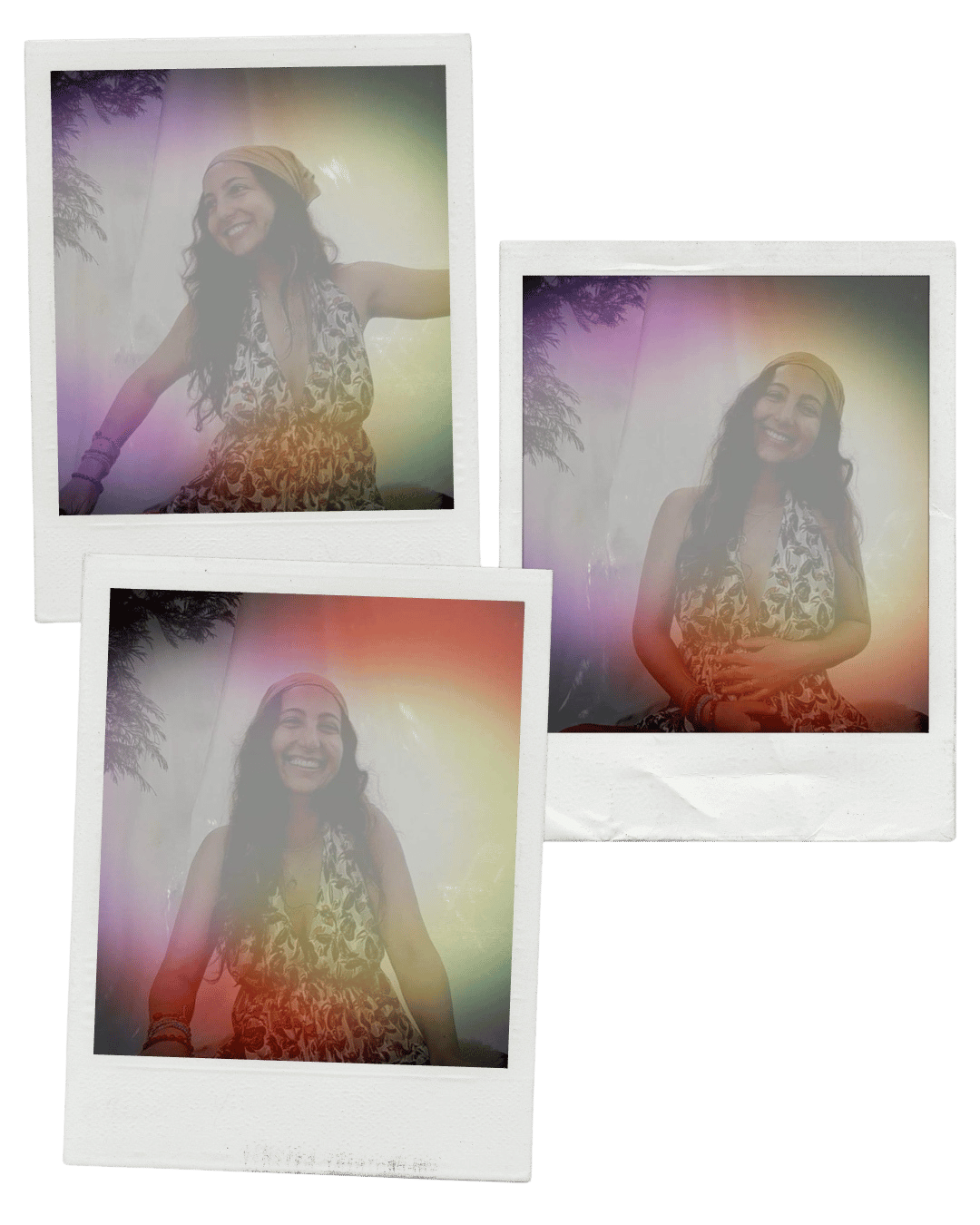 Three Polaroid photos of a smiling woman with long dark hair, wearing a patterned dress and a headscarf, outdoors with trees in the background, with a rainbow-colored light leak overlay.