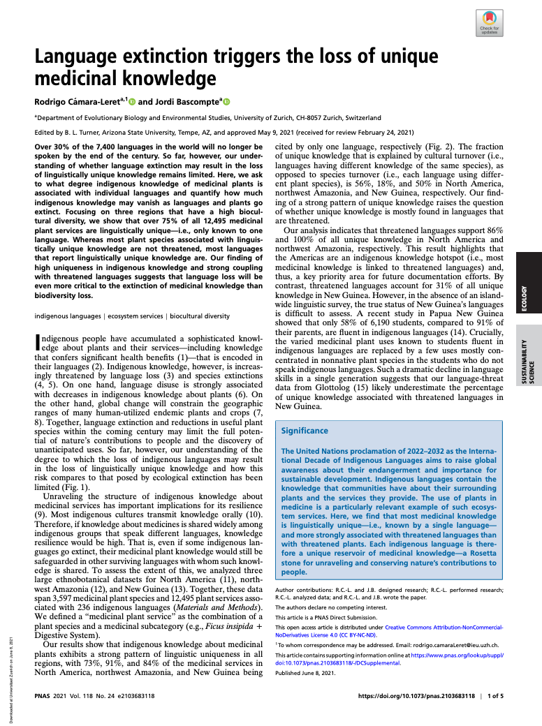 Language extinction triggers the loss of unique medicinal knowledge 