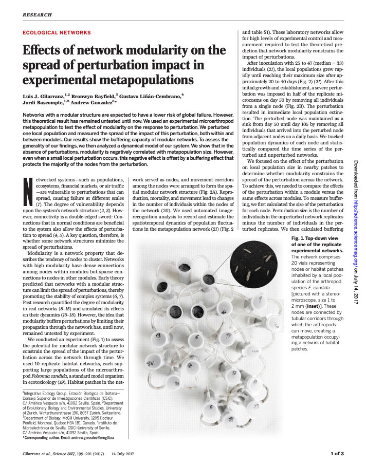 Effects of network modularity on the spread of perturbation impact in experimental metapopulations