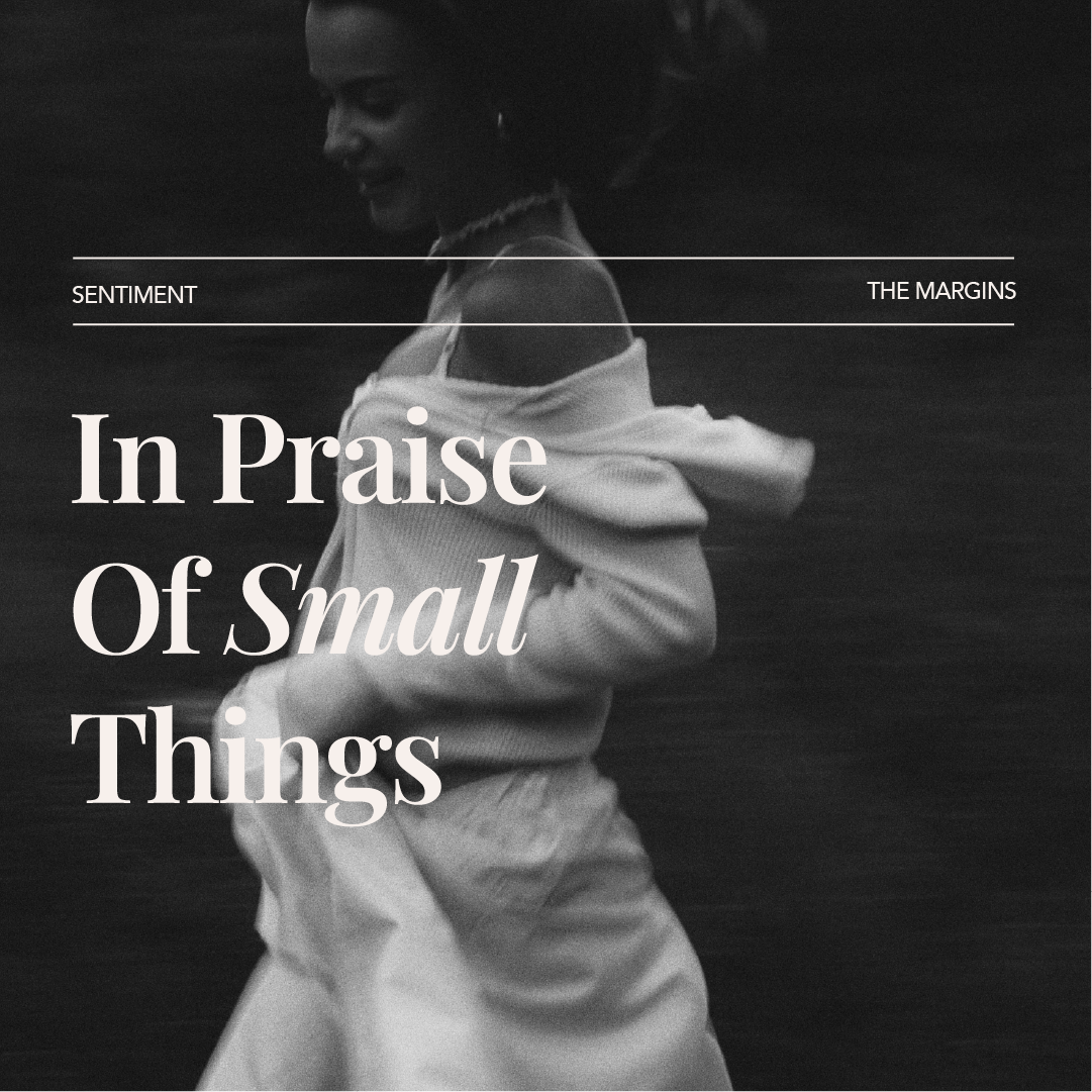Black and white photo of a woman smiling while wearing a sweatshirt, with overlay text reading 'In Praise Of Small Things' and smaller text 'Sentiment' and 'The Margins'.