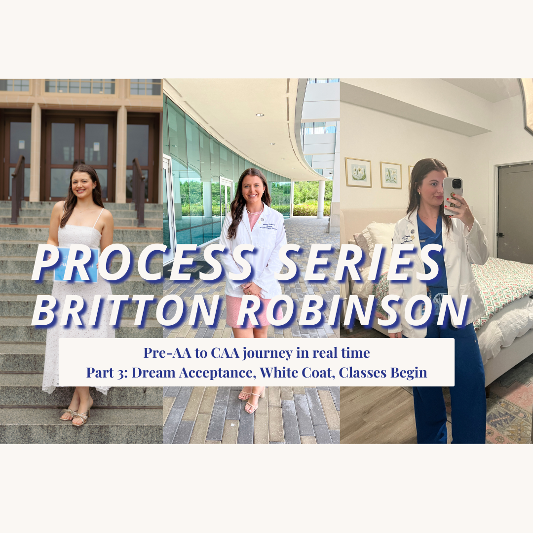 3 picture collage of moments in Britton's Pre-AA to CAA jounrey, acceptance, white coat and first day of clinicals
