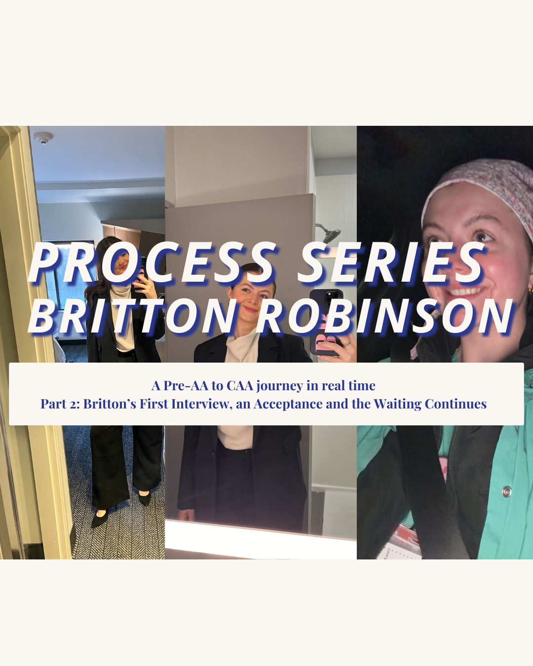 Graphic with 3 pictures of Britton on her Pre-AA to CAA journey