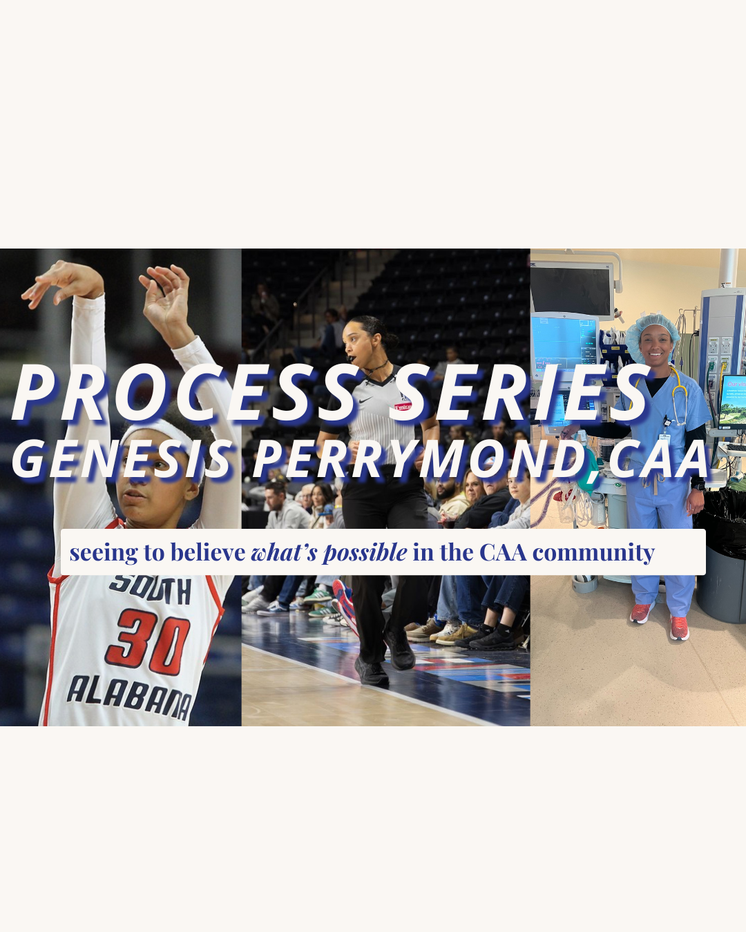 3 images showcasing Genesis as a college basketball player, professional referee, and CAA.