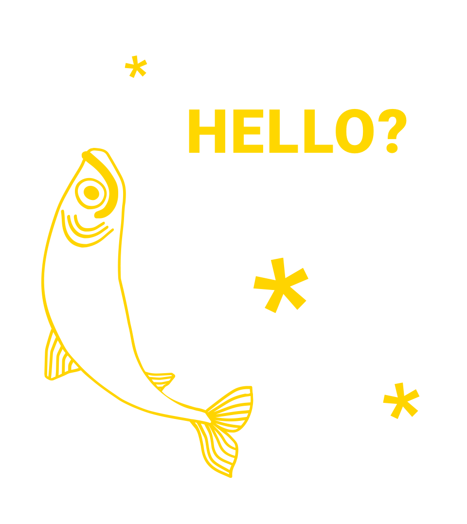 Text saying 'Hello' and illustration of a happy fish with stars