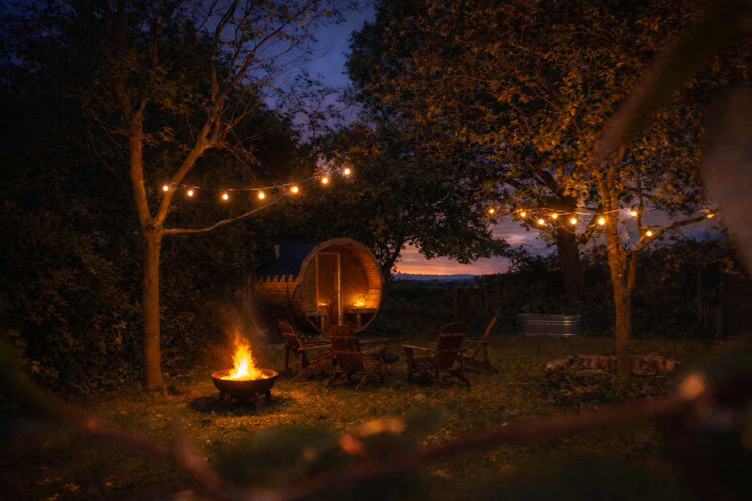 Outdoor backyard scene at dusk with string lights hanging between trees, a fire pit with a fire, wooden chairs around it, and a small barrel-shaped sauna or pod in the background.