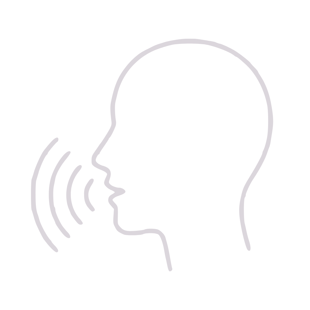 Line drawing of a person's side profile with mouth open, facing towards the left, with sound waves indicating speaking.