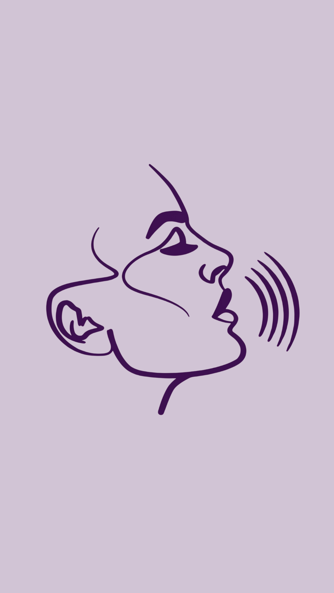 Line drawing of a woman singing or speaking, with lines indicating voice or sound, against a light purple background.