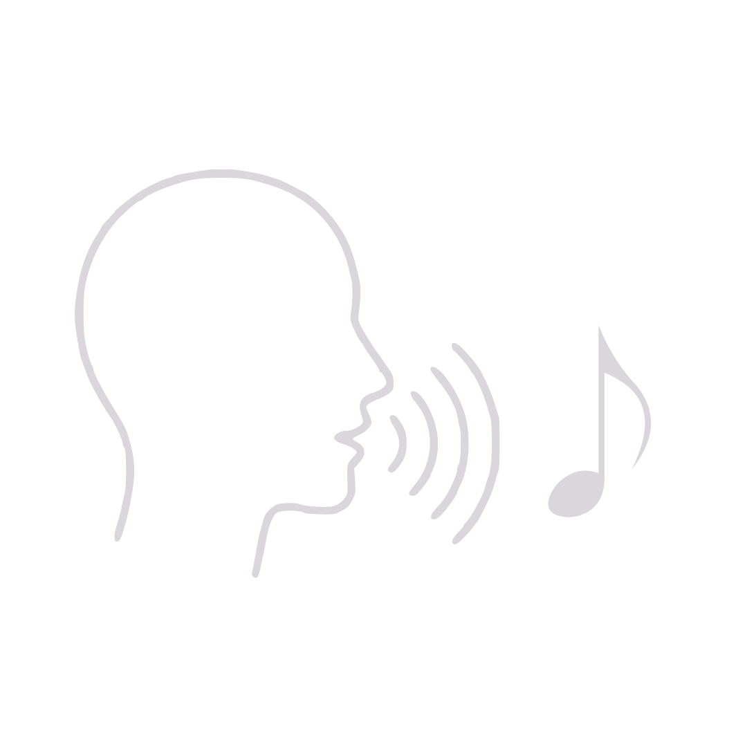 Outline of a person's head with lines emanating from the mouth, indicating speaking or sound, and a musical note to the right, representing voice or singing.