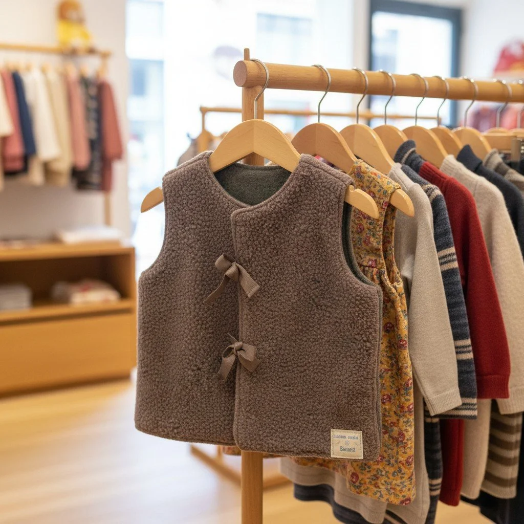 Image of a brown child's vest with bows on the front hanging on a rack with other children's clothes in a store