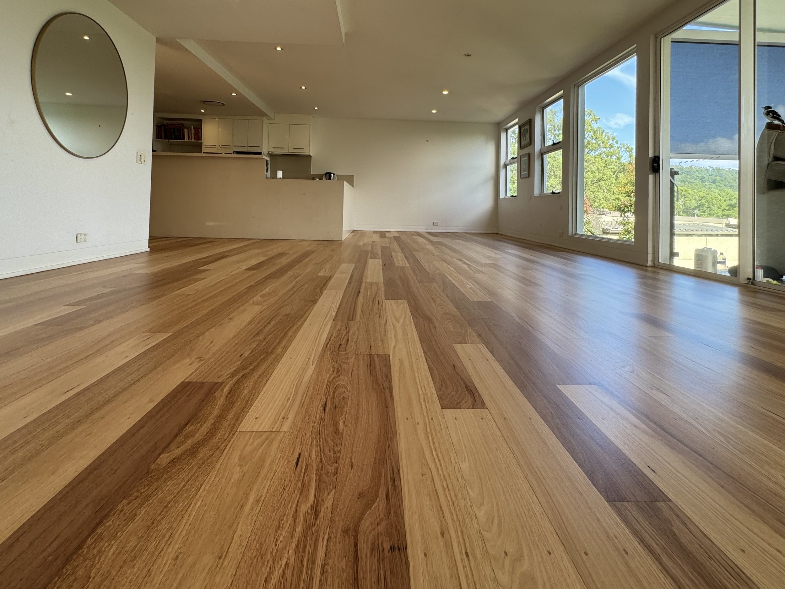 Empty living room with wooden flooring, large windows with a view of trees, and a sliding door leading outside.