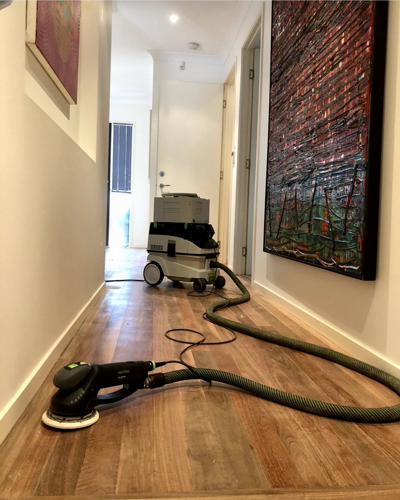 Vacuum cleaner and steam cleaning machine on wooden floor in hallway, with artwork on wall and door at the end of the hall.