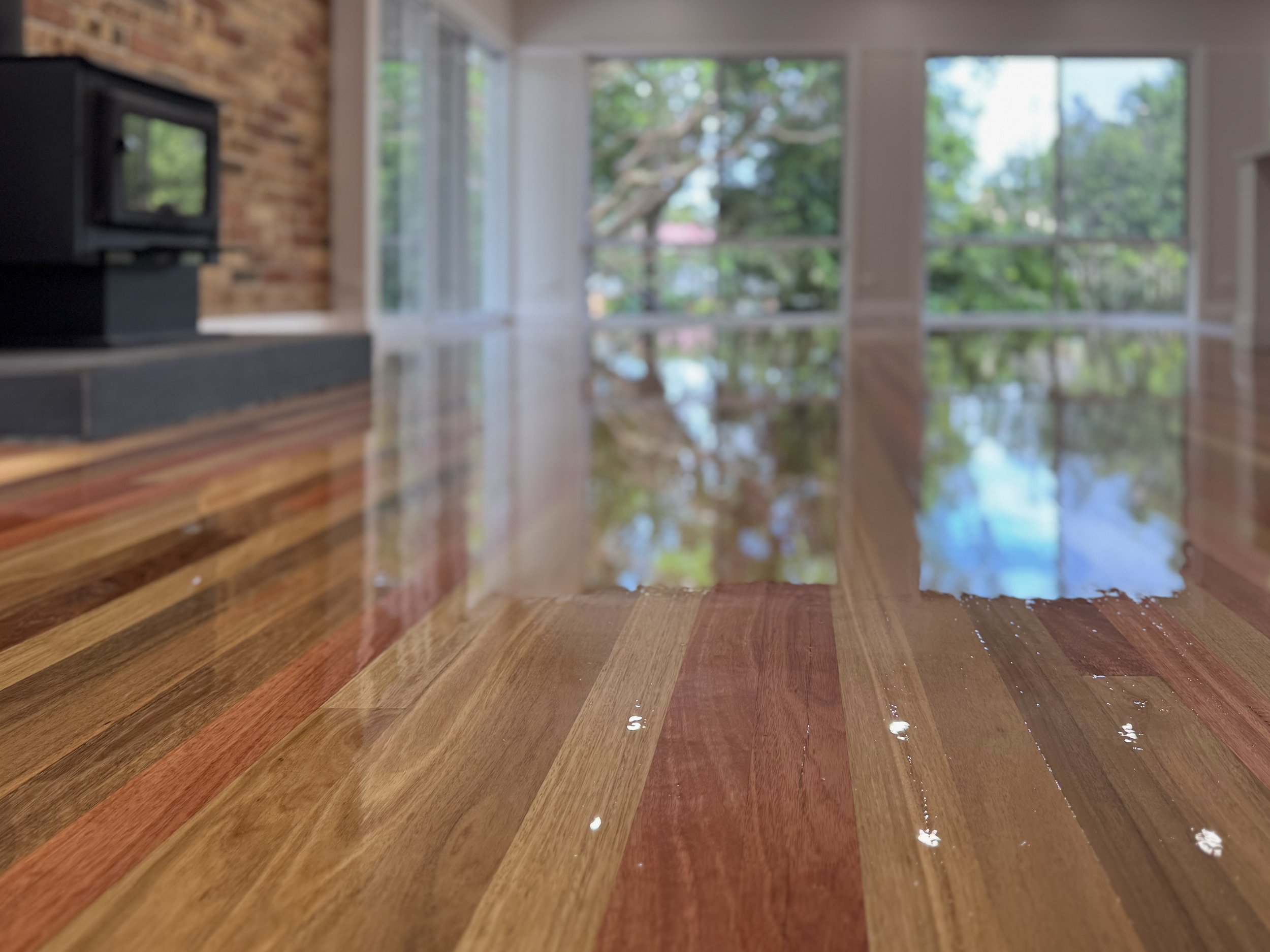 Close-up view of a polished wooden floor with water droplets, reflecting large windows and greenery outside in the background.