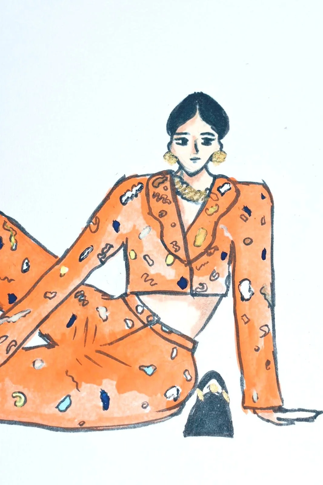 A fashion illustration of a woman wearing an orange, embellished blazer and matching skirt, accessorized with gold jewelry and earrings.