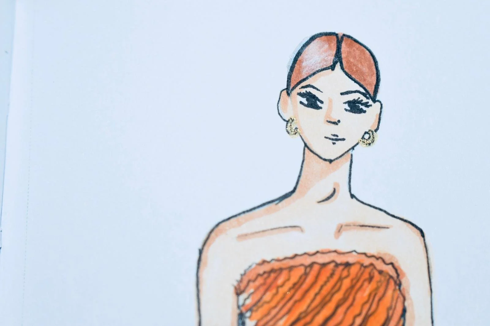 A fashion illustration of a woman with reddish-brown hair styled in a bun, wearing large hoop earrings, and an orange strapless top with a textured pattern.