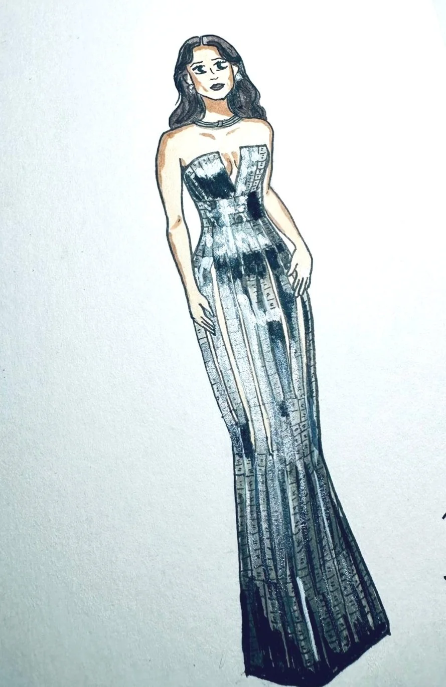 A fashion sketch of a woman in a black and white striped evening gown with a fitted bodice and long, flowing skirt, and dark, wavy hair.